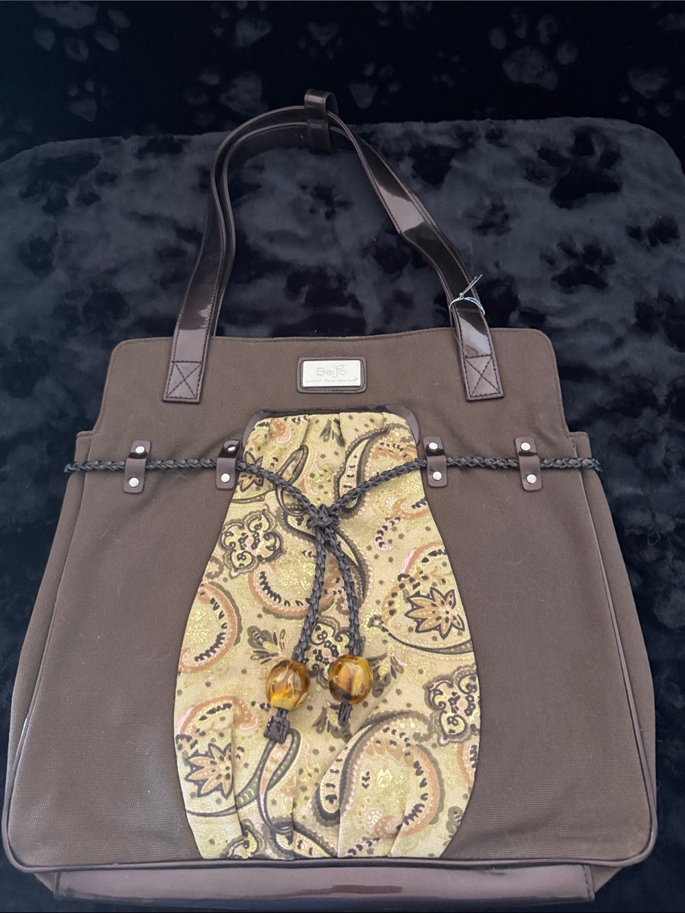 Beijo Brown Tote with Patterned Gold Front Panel
